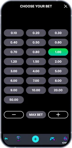 Coin Volcano bet selection screen with amounts from 0.10 to 50.00, with 1.00 highlighted