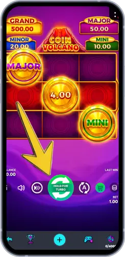 Coin Volcano game screen with an arrow pointing to the Hold for Turbo spin button
