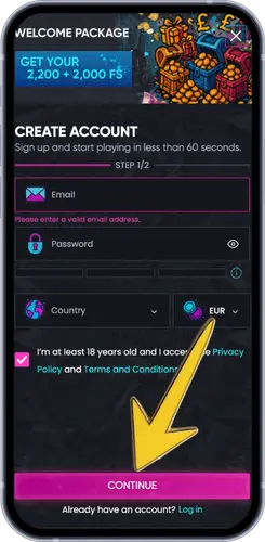 Create account form with email, password, country and currency fields, arrow pointing to Continue